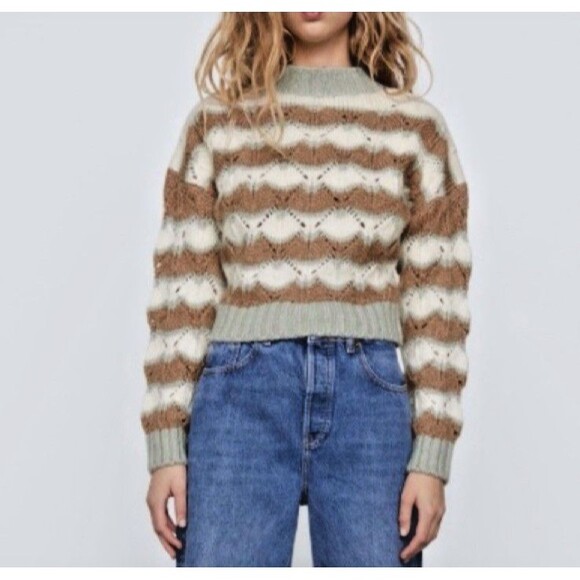 Zara Striped Pointelle Knit Alpaca Wool Blend Sweater Women’s S/M Ivory Tan Sage - Picture 1 of 7